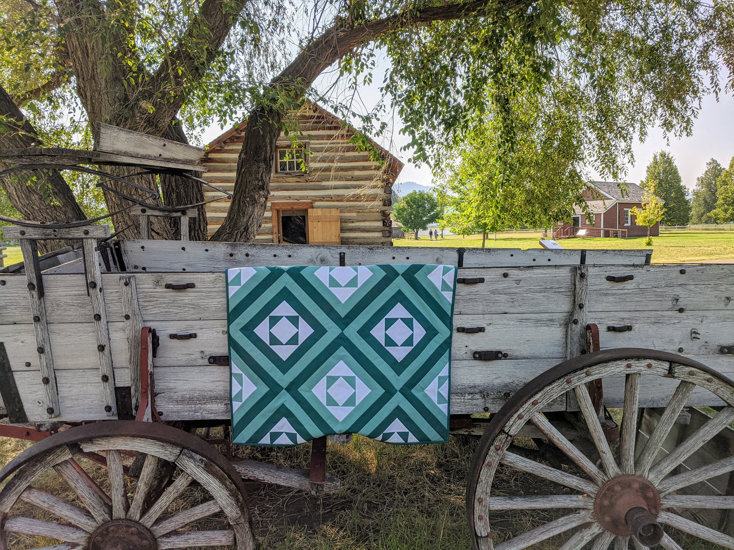 Modern block in block quilt on wagon.