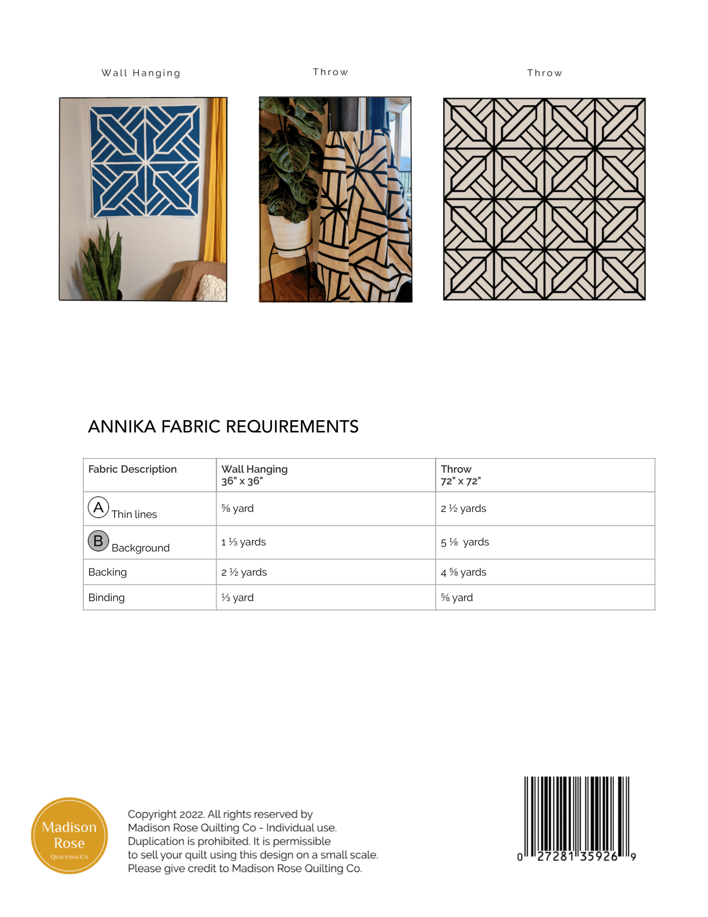 Annika Quilt Pattern - Pack of 3 - M110