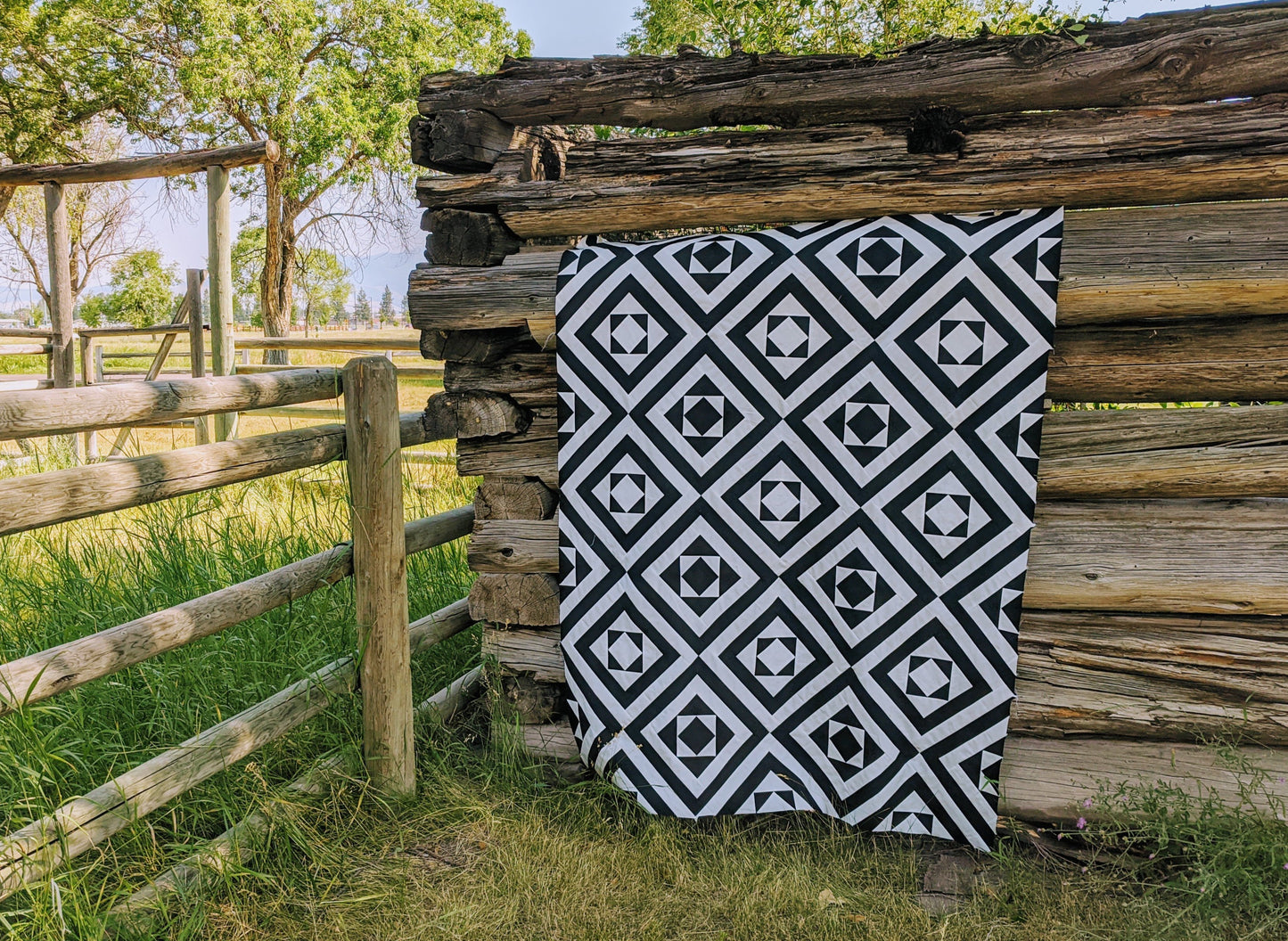 Black and white modern quilt on log building.