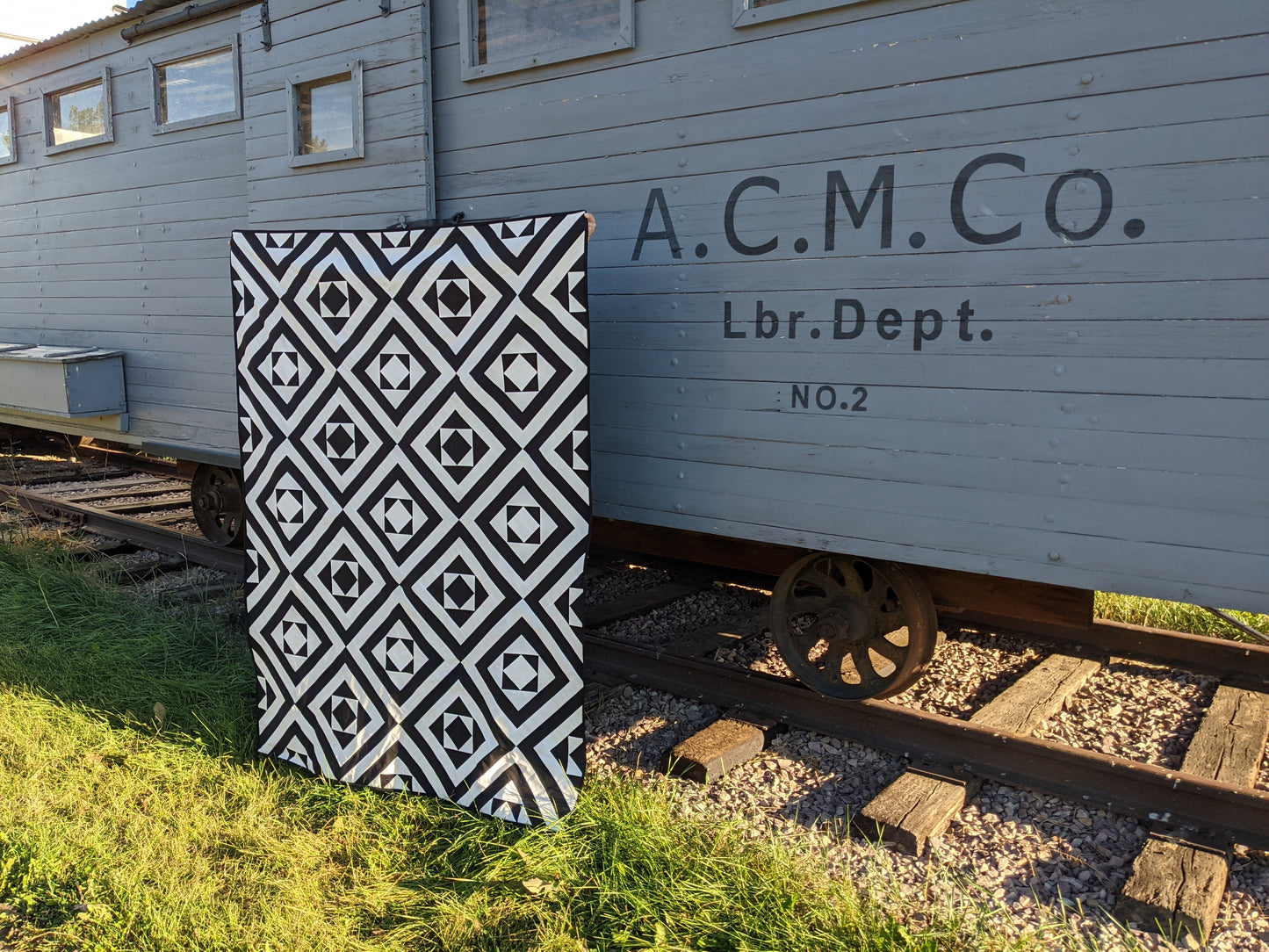 Black and white modern quilt in front of train car.